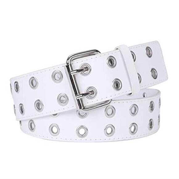 Double Grommet Punk Belt White Vegan Leather Studded Belt for Women Men Jeans main image 9